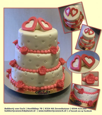 3 laags bruidstaart wit - rose/rood